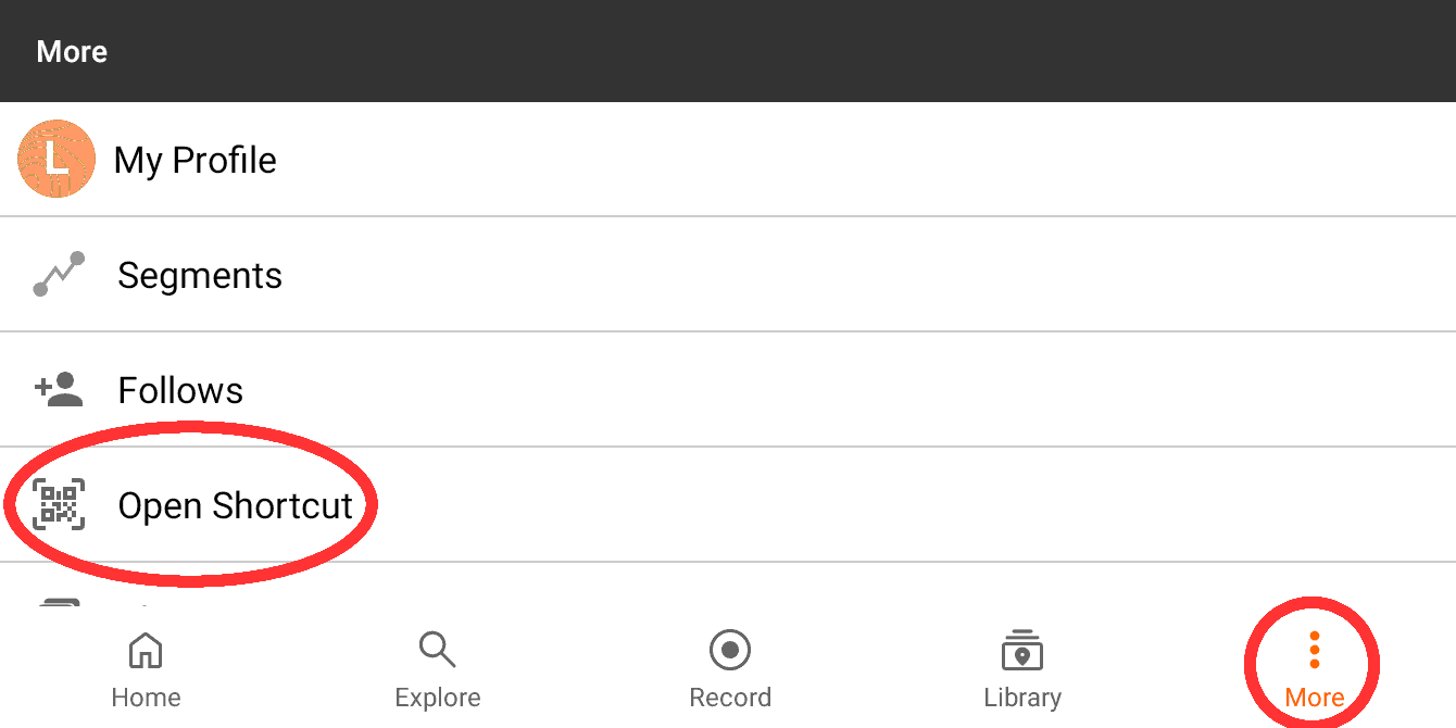 Screenshot of RWGPS app shortcut screen