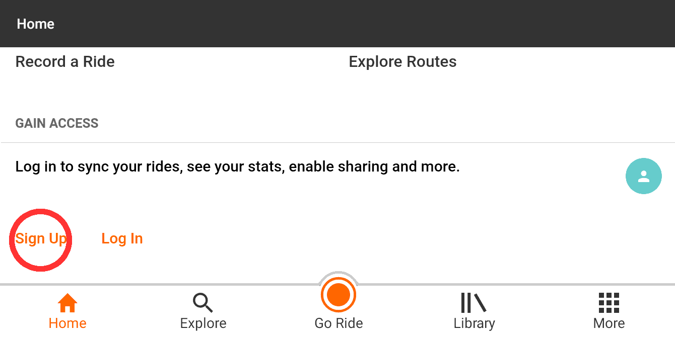 Screenshot of RWGPS app signup screen